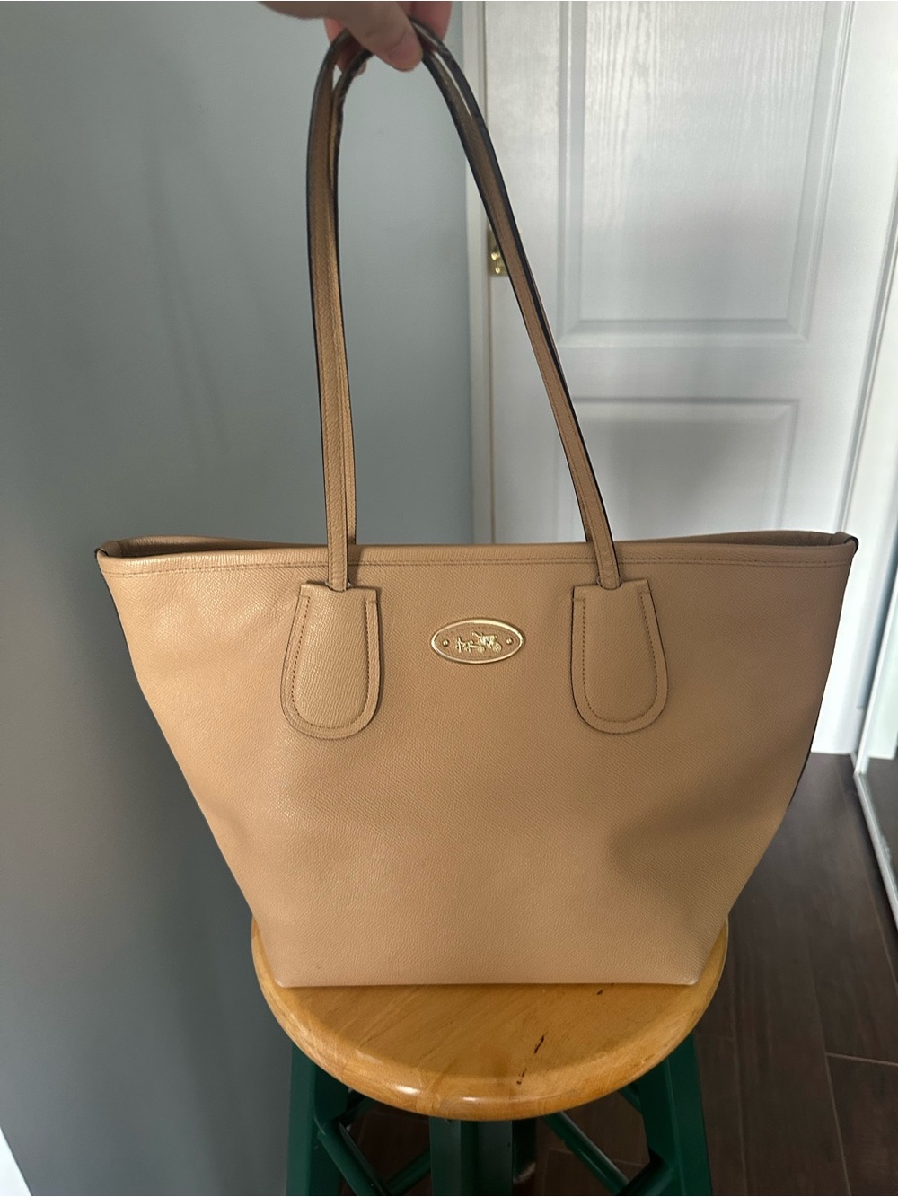 Coach Beige Leather Tote with Gold Logo Plaque